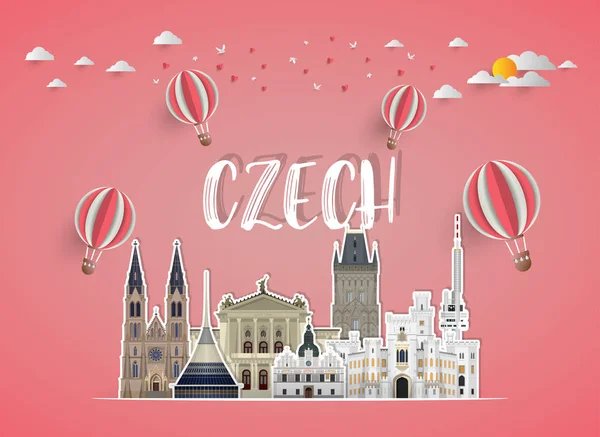 Τσεχική Ορόσημο Παγκόσμιο Ταξίδι Και Ταξίδι Χαρτί Υπόβαθρο Του Φορέα — Διανυσματικό Αρχείο