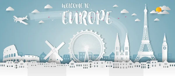 Ευρώπη Ορόσημο Παγκόσμιο Ταξίδι Και Ταξίδι Φόντο Του Χαρτιού Του — Διανυσματικό Αρχείο
