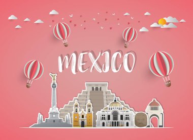 Mexico Landmark Global Seyahat ve Seyahat kağıt arka planı. Vektör Tasarım Şablonu. Reklam, kitap, afiş, şablon, seyahat işi veya sunumunuz için kullanılır.