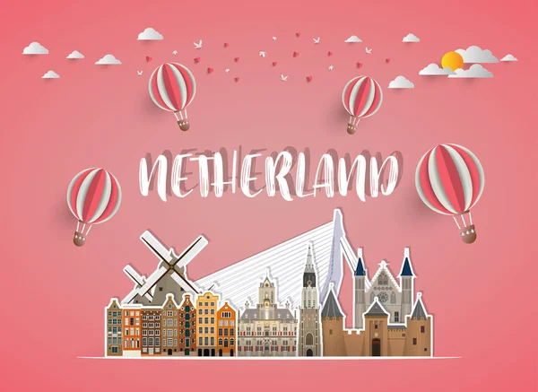 オランダ ランドマーク世界的な旅行および旅行の用紙の背景 バナー テンプレート 旅行事業やプレゼンテーションのデザイン Template Used をベクターします — ストックベクタ