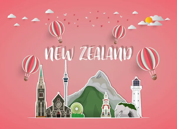 New Zealand Landmark Global Travel Journey Paper Background Vector Design — Vetor de Stock