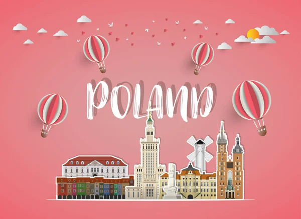 폴란드의 랜드마크 Global Travel Journey Paper Background Vector Design Template — 스톡 벡터