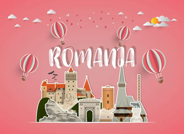 Rumania Landmark Global Travel Journey Fondo Papel Vector Design Template — Archivo Imágenes Vectoriales