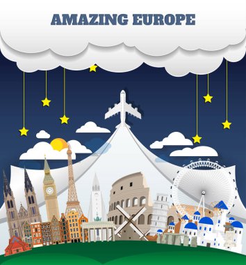 Europe ünlü dönüm noktası kağıt sanat. Küresel seyahat ve yolculuk Infographic. Vektör düz tasarım Template.vector/illustration. Afiş, iş, eğitim, Web sitesi ya da herhangi bir çizim için kullanılabilir.