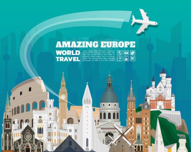 Europe ünlü dönüm noktası kağıt sanat. Küresel seyahat ve yolculuk Infographic. Vektör düz tasarım Template.vector/illustration. Afiş, iş, eğitim, Web sitesi ya da herhangi bir çizim için kullanılabilir.