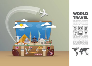 Dünya Ünlü simgesel yapı renkli sanat. Küresel seyahat ve yolculuk Infographic geri. Vektör düz tasarım Template.vector/illustration. Afiş, iş, eğitim, Web sitesi ya da herhangi bir çizim için kullanılabilir