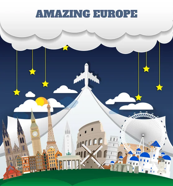 Europe Ünlü Dönüm Noktası Kağıt Sanat Küresel Seyahat Yolculuk Infographic — Stok Vektör
