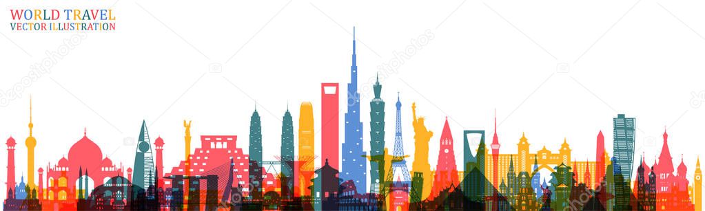 World famous Landmark colorful art. Global Travel And Journey Infographic Back. Vector Flat Design Template.vector/illustration.Can be used for your banner, business, education, website or any artwork
