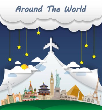 Dünya ünlü dönüm noktası kağıt sanat. Küresel seyahat ve yolculuk Infographic. Vektör düz tasarım Template.vector/illustration. Afiş, iş, eğitim, Web sitesi ya da herhangi bir çizim için kullanılabilir.