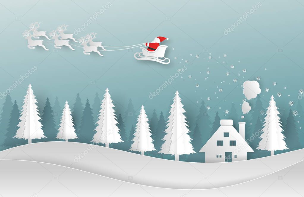 Merry Christmas and Happy New Year background. Santa Claus, Snowman and Christmas tree ,paper art and digital craft style. Vector illustration.