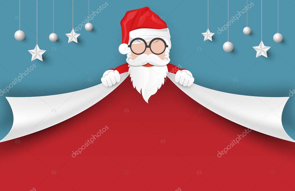 Merry Christmas and Happy New Year background. Santa Claus, Snowman and Christmas tree ,paper art and digital craft style. Vector illustration.