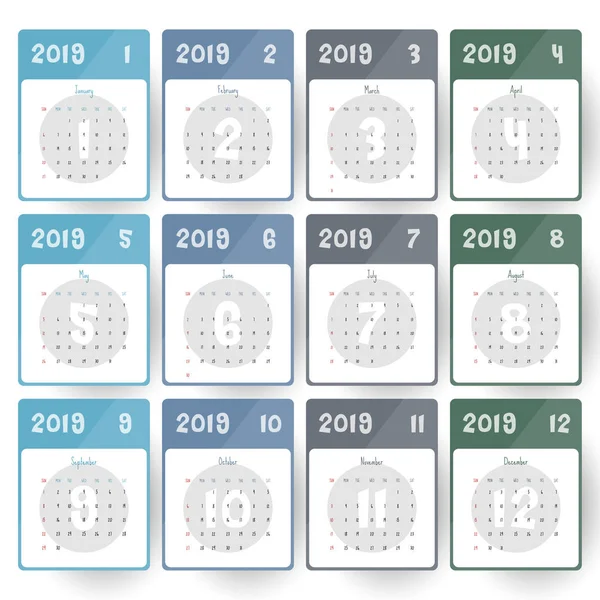 2019 Plantilla Calendario Moderno Vector Ilustración — Vector de stock