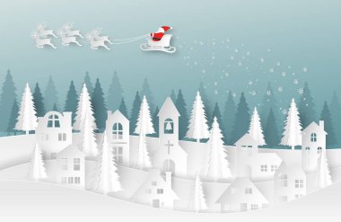 Mutlu Noeller ve mutlu yeni yıl arka plan. Noel Baba, kardan adam ve Noel ağacı, kağıt sanat ve dijital el sanatları tarzı. Vektör çizim.