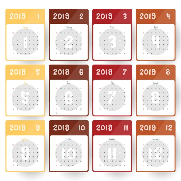 2019 Nowoczesnego Kalendarza Szablonu Ilustracja Wektorowa — Wektor stockowy