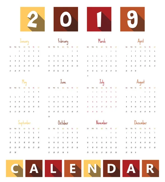 Modello Calendario Moderno 2019 Vector Illustrazione — Vettoriale Stock