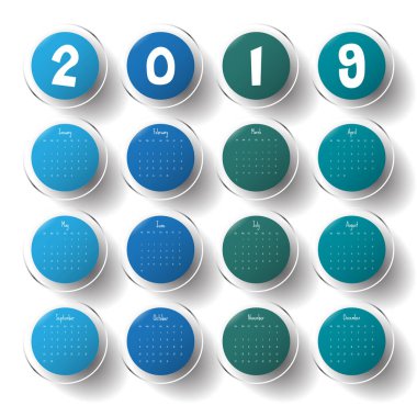 2019 Modern takvim şablonu. Vektör/illüstrasyon.