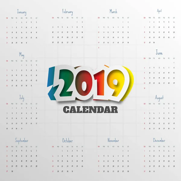 2019 Moderne Kalendersjabloon Vectorillustratie — Stockvector