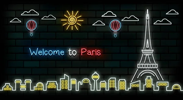 法国和巴黎旅行和旅程霓虹灯背景。韦克托 — 图库矢量图片