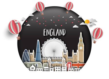 İngiltere'de Simgesel Yapı küresel seyahat ve yolculuk kağıt arka plan. VEC