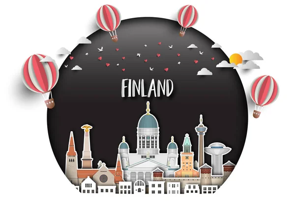 Finnland ist ein Meilenstein im weltweiten Reise- und Reisepapier-Hintergrund. vec — Stockvektor
