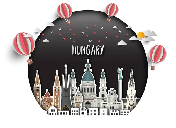 Ουγγαρία ορόσημο παγκόσμιο ταξίδι και ταξίδι φόντο του χαρτιού. VEC — Διανυσματικό Αρχείο