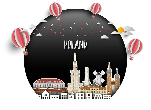 Polonya Simgesel Yapı küresel seyahat ve yolculuk kağıt arka plan. Vect — Stok Vektör