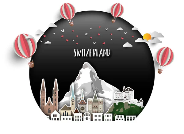 Svizzera Punto di riferimento globale Viaggi e viaggi sfondo cartaceo . — Vettoriale Stock