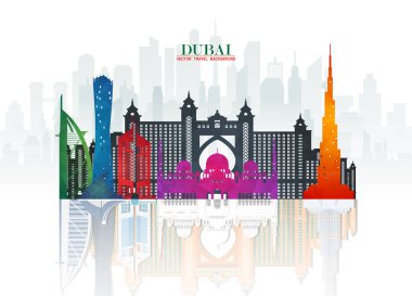 Dubai Simgesel Yapı küresel seyahat ve yolculuk kağıt arka plan. Vecto