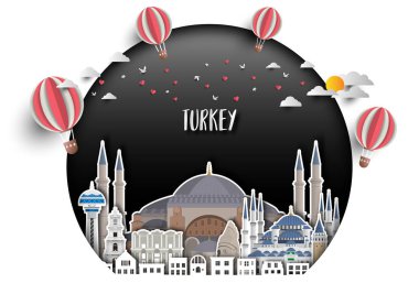 Türkiye'nin Simgesel Yapı küresel seyahat ve yolculuk kağıt arka plan. Vect