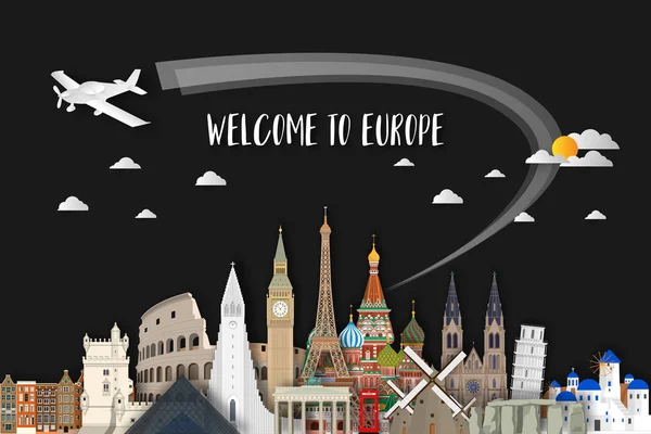 Europe famous Landmark paper art. Global Travel And Journey Info — Stock Vector
