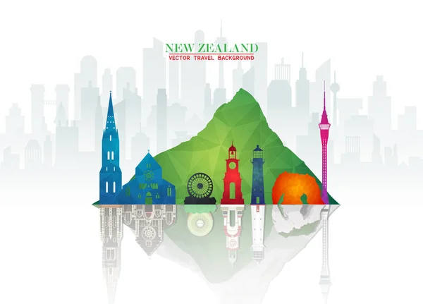 새로운 Zeland 랜드마크 글로벌 여행 및 여행 종이 배경. — 스톡 벡터