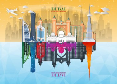 Dubai Simgesel Yapı küresel seyahat ve yolculuk kağıt arka plan. Vecto