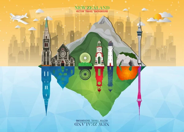 Νέα Ζηλανδία ορόσημο παγκόσμιο ταξίδι και ταξίδι χαρτί υπόβαθρο. — Διανυσματικό Αρχείο