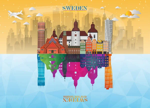 スウェーデン ランドマーク世界的な旅行および旅行の用紙の背景。Vect — ストックベクタ
