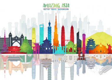Asya ünlü Landmark kağıt sanatı. Küresel seyahat ve yolculuk Infografik