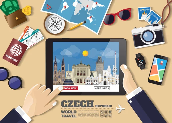 Κρατώντας το χέρι σας με τον έξυπνο προορισμό κρατήσεων tablet. Τσεχική οικογένεια — Διανυσματικό Αρχείο