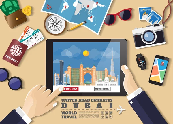 Κρατώντας το χέρι σας με τον έξυπνο προορισμό κρατήσεων tablet. Οικογένεια Ντουμπάι — Διανυσματικό Αρχείο