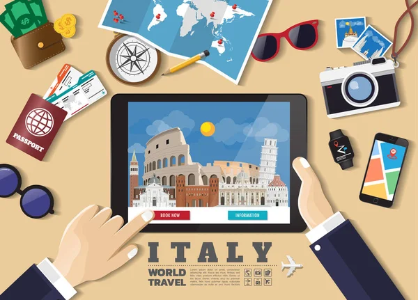 Hand holding smart tablet reserva de viaje destino.Italia famou — Vector de stock