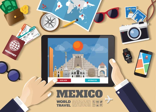 Hand holding smart tablet reserva de viajes destino.México famo — Vector de stock