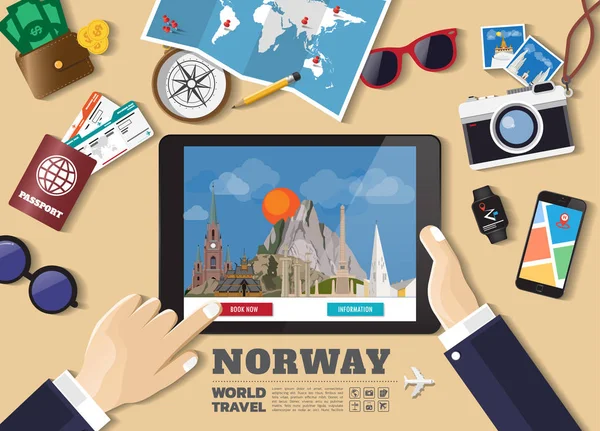 Hand holding smart tablet reserva de viaje destino.Noruega famo — Vector de stock