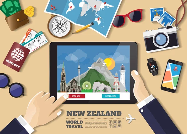 Κρατώντας το χέρι σας με τον έξυπνο προορισμό κρατήσεων tablet. Νέα Ζηλανδία — Διανυσματικό Αρχείο