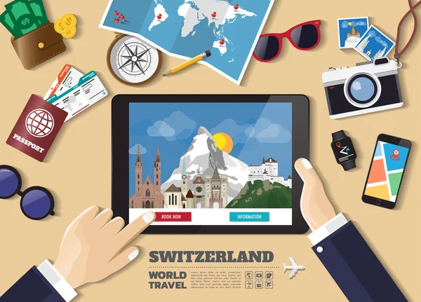 Mão segurando inteligente tablet reserva destino de viagem.Suíça — Vetor de Stock