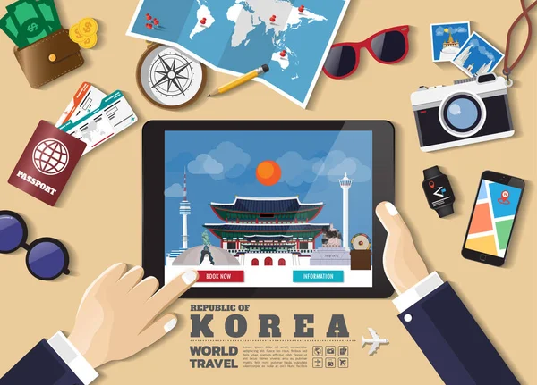 Hand holding smart tablet reserva de viaje destino.Corea del Sur — Vector de stock