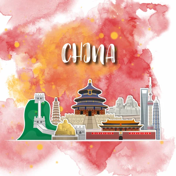 Kina Landmark Global Travel och Journey akvarell bakgrund. — Stock vektor