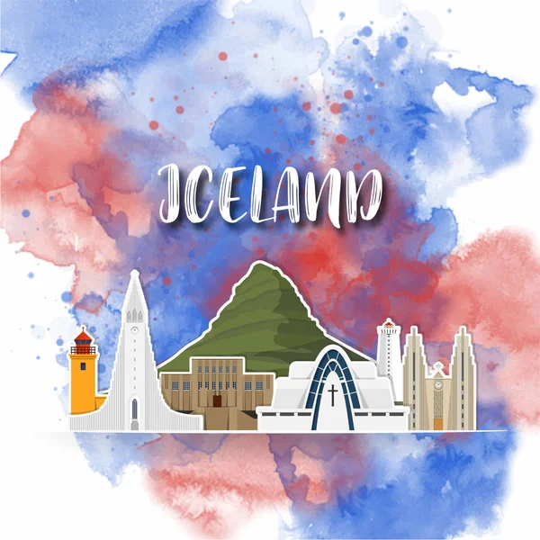 Islandia Landmark Global Travel And Journey acuarela fondo — Archivo Imágenes Vectoriales