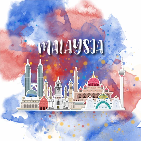 Malaysia Landmark Global Travel And Journey watercolor backgroun — Stock Vector