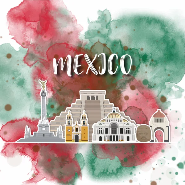 メキシコランドマークグローバルトラベルとジャーニー水彩画の背景. — ストックベクタ