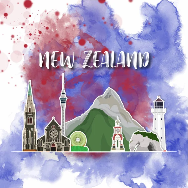 Yeni Zelanda Landmark Global Seyahat Ve Yolculuk suluboya backgr — Stok Vektör