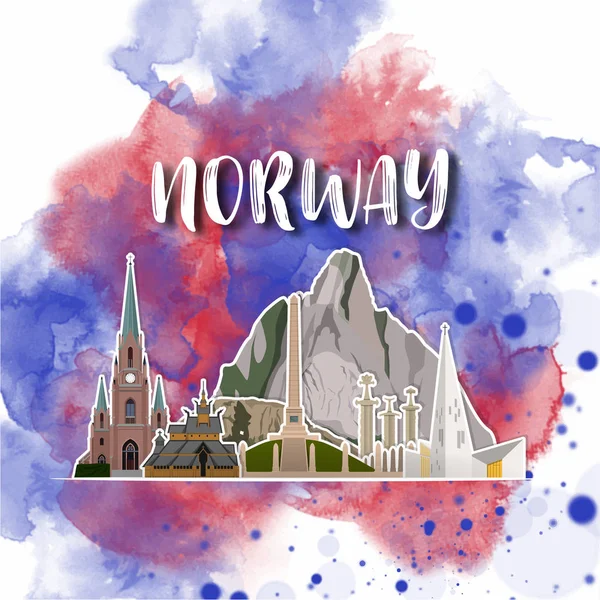 노르웨이 랜드마크 글로벌 여행 및 여행 수채화 배경. — 스톡 벡터