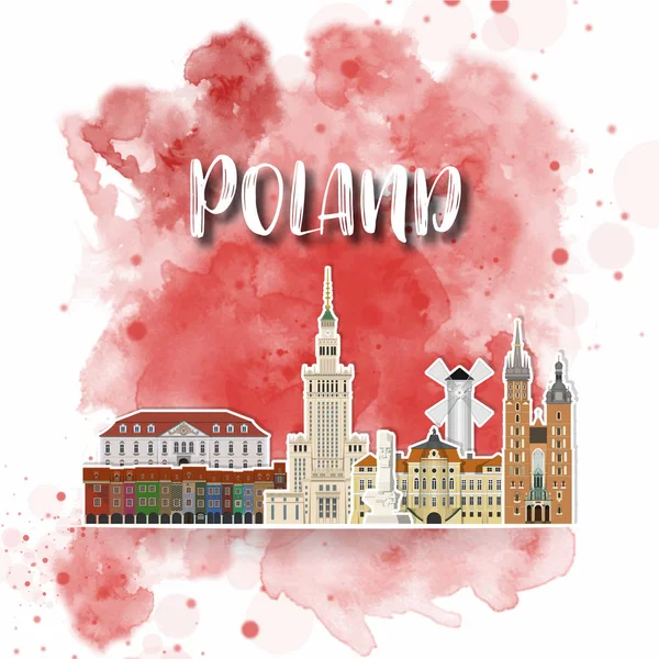 Polen Landmark Global reizen en reis aquarel achtergrond. — Stockvector